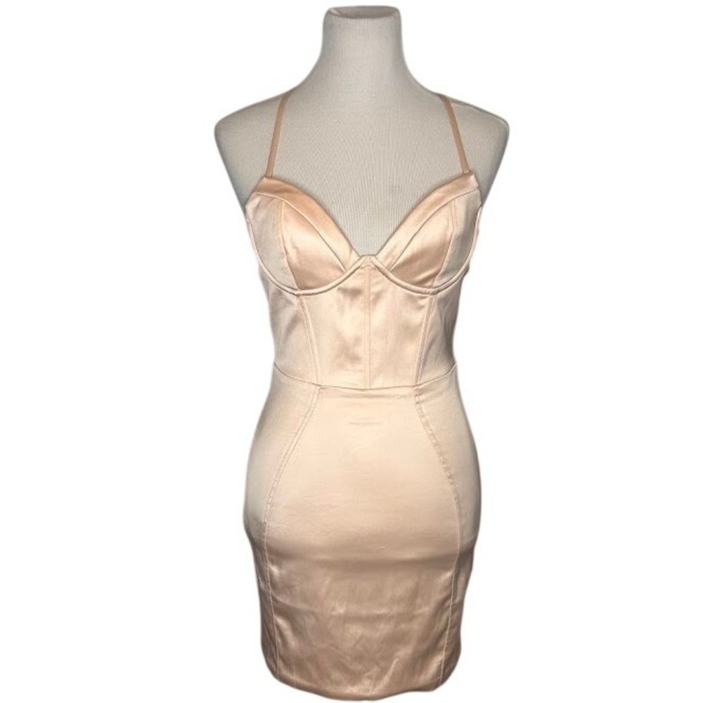 Oh Polly Champagne Stretch Satin Corset Bodycon Mini Dress Womens Size 6 US